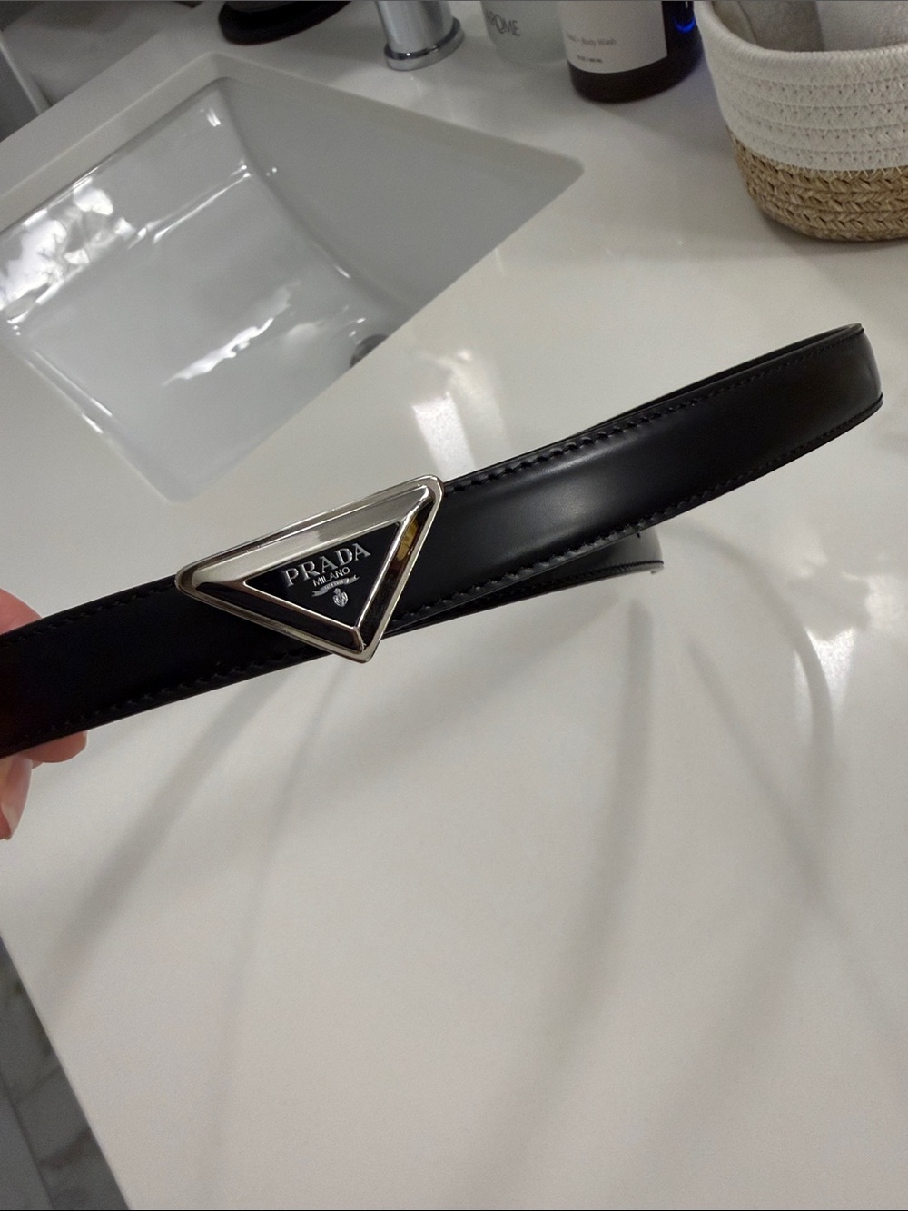 Prada Black Leather Belt with Triangular Silver Logo Buckle